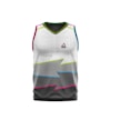 A sleeveless sports jersey with a modern design. The jersey features a pixelated gradient pattern transitioning from white at the top to dark gray at the bottom, accented with bright lines of pink, yellow, and teal. The collar is outlined in black and yellow, and there is a small logo near the upper chest area.
