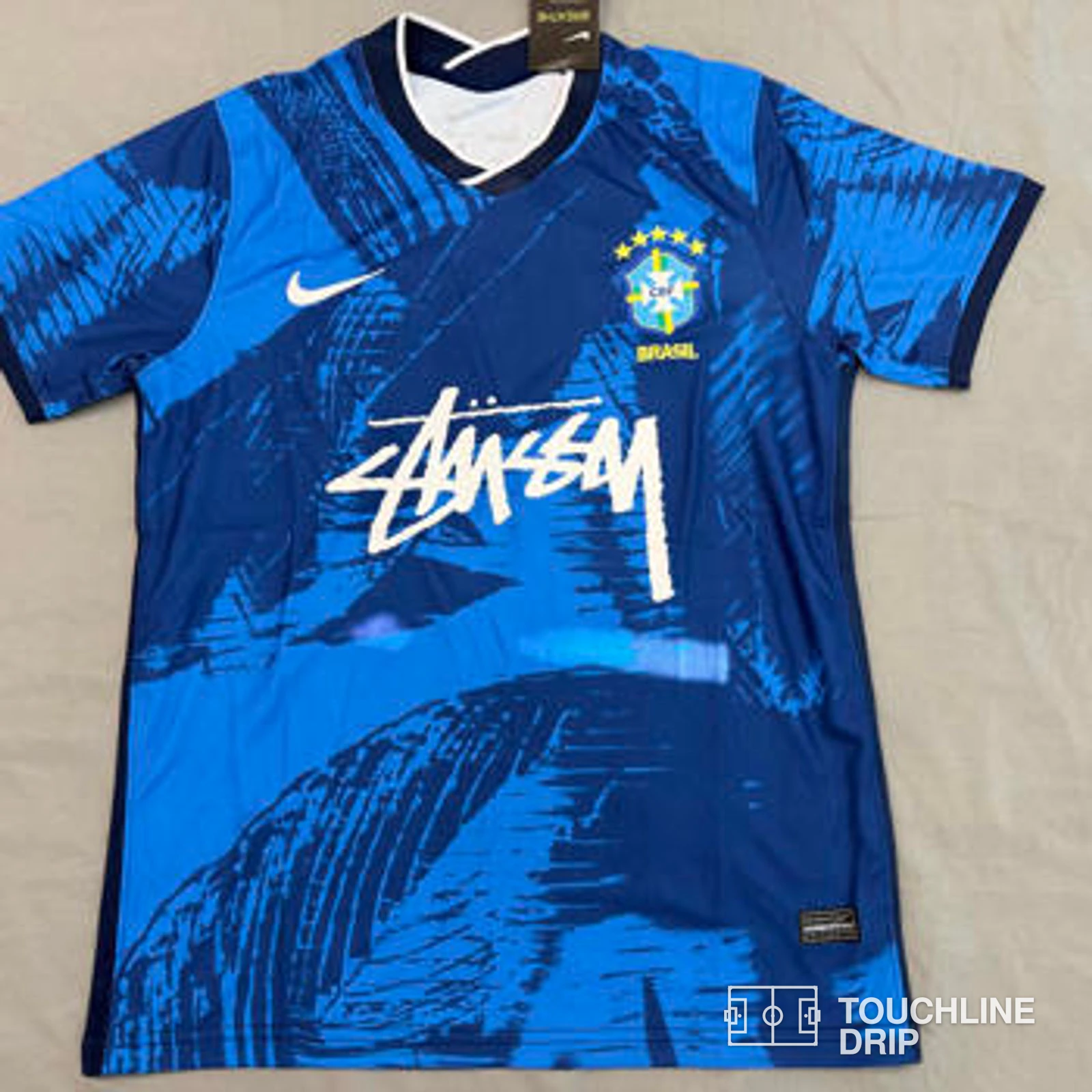 Front product image of Nike x Stussy Brazil Mid Blue Leaf Print Concept Jersey