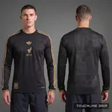 Model wearing Adidas Mexico Gold Long Sleeve Jersey, a Touchline Drip football x streetwear jersey