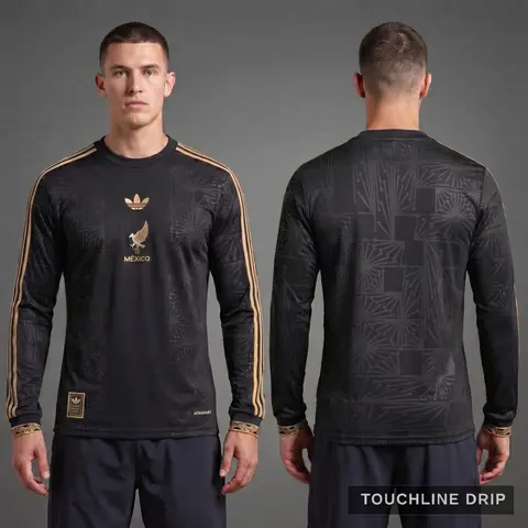 Model wearing Adidas Mexico Gold Long Sleeve Jersey, a Touchline Drip football x streetwear jersey