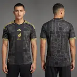 Model wearing Adidas Mexico Anniversary Jersey - Black/gold - Limited Edition, a Touchline Drip football x streetwear jersey