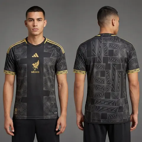 Model wearing Adidas Mexico Anniversary Jersey - Black/gold - Limited Edition, a Touchline Drip football x streetwear jersey