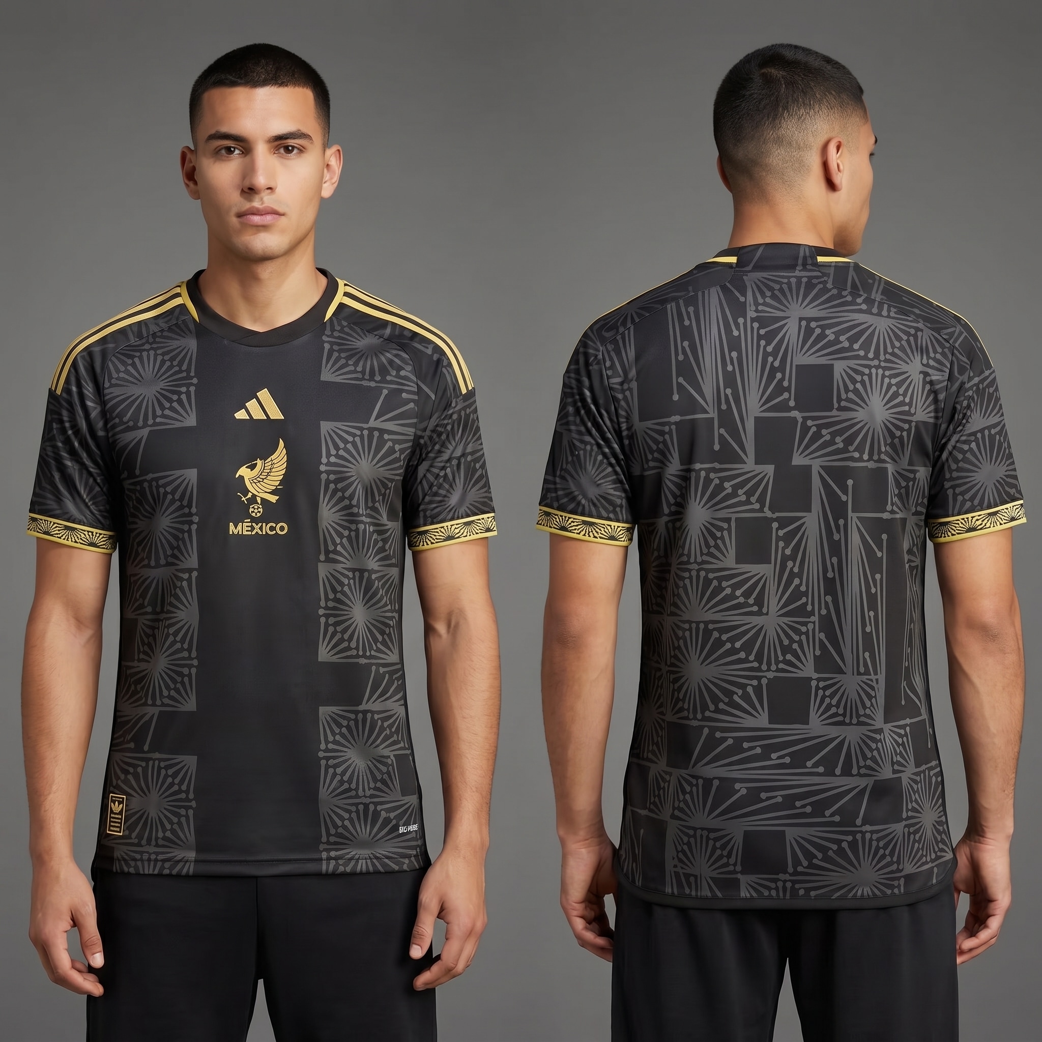 Model wearing Adidas Mexico Anniversary Jersey - Black/gold - Limited Edition, a Touchline Drip fantasy football-inspired jersey