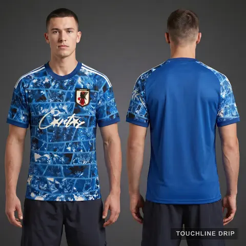 Model wearing Adidas x Corteiz Japan Anime Fusion Light Blue Concept Jersey, a Touchline Drip football x streetwear jersey