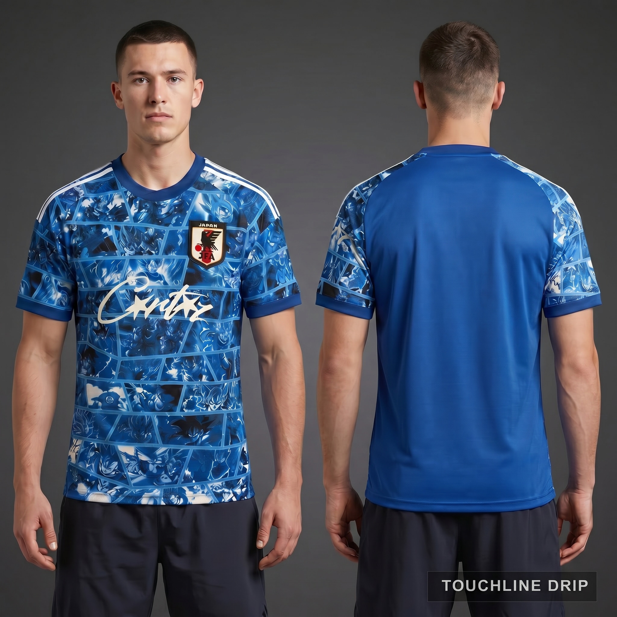 Model wearing Adidas x Corteiz Japan Anime Fusion Light Blue Concept Jersey, a Touchline Drip fantasy football-inspired jersey