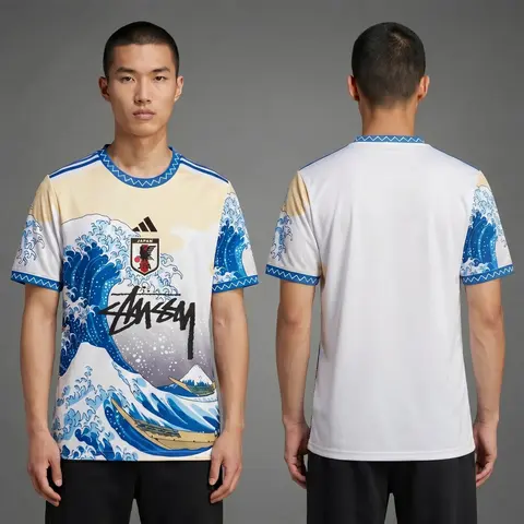 Model wearing Adidas x Stussy Japan Ocean Wave Concept Jersey, a Touchline Drip football x streetwear jersey