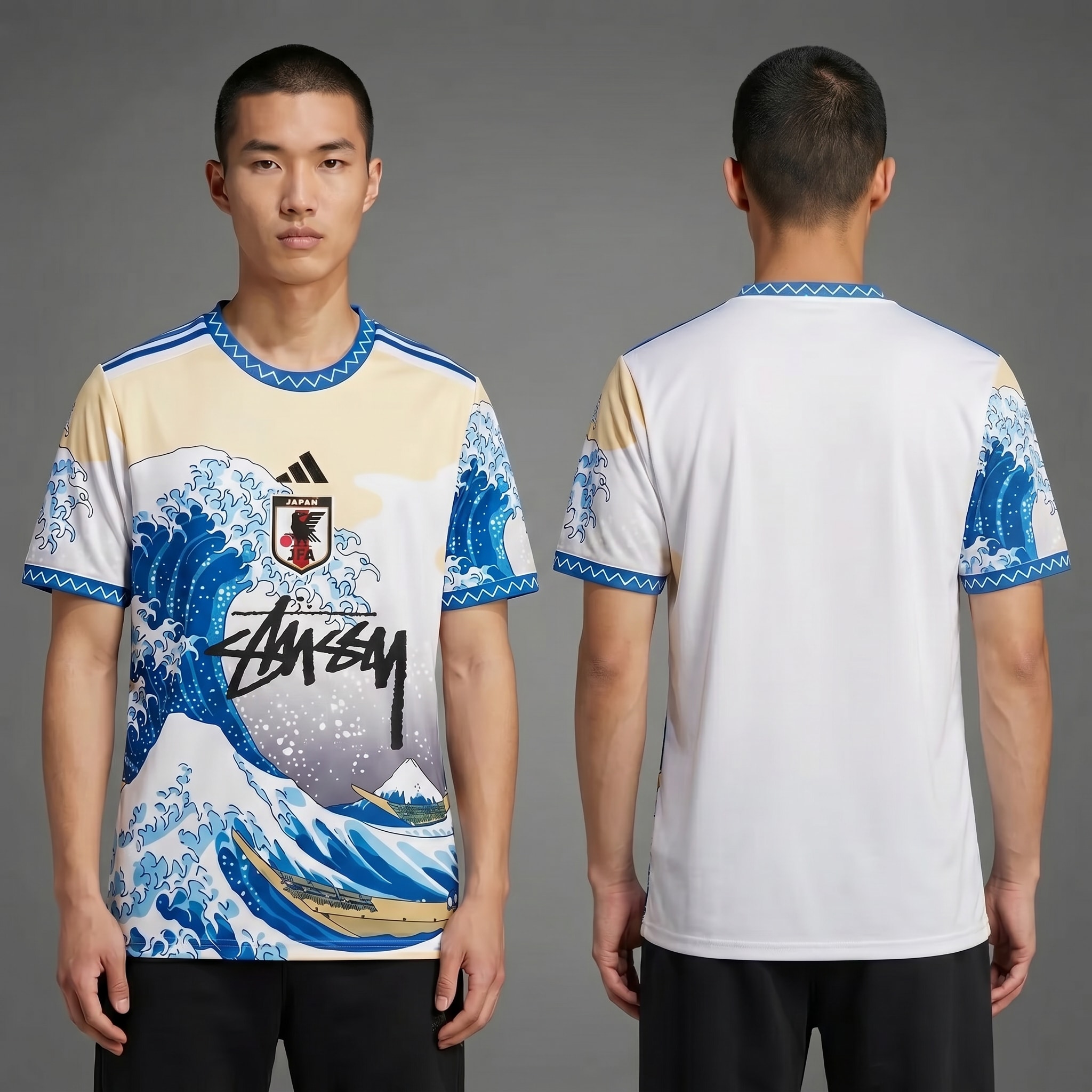 Model wearing Adidas x Stussy Japan Ocean Wave Concept Jersey, a Touchline Drip fantasy football-inspired jersey