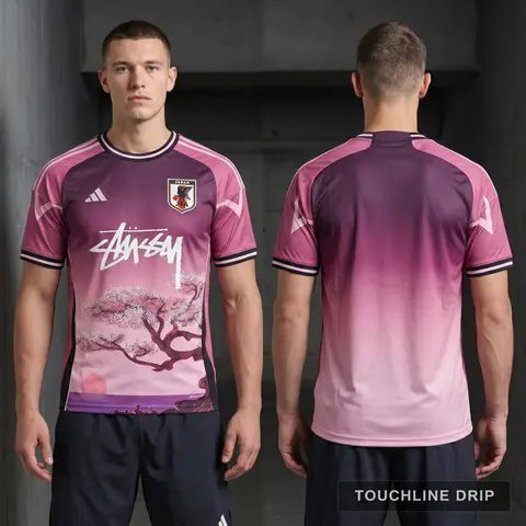 Model wearing Adidas x Stussy Japan Sakura Bloom Concept Jersey, a Touchline Drip football x streetwear jersey
