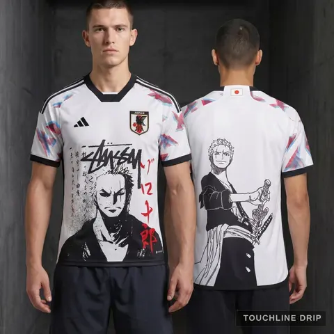 Model wearing Adidas x Stussy Japan Zoro's Blade Concept Jersey, a Touchline Drip football x streetwear jersey