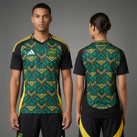Model wearing Adidas Black Jamaica Away Shirt 24/25, a Touchline Drip football x streetwear jersey
