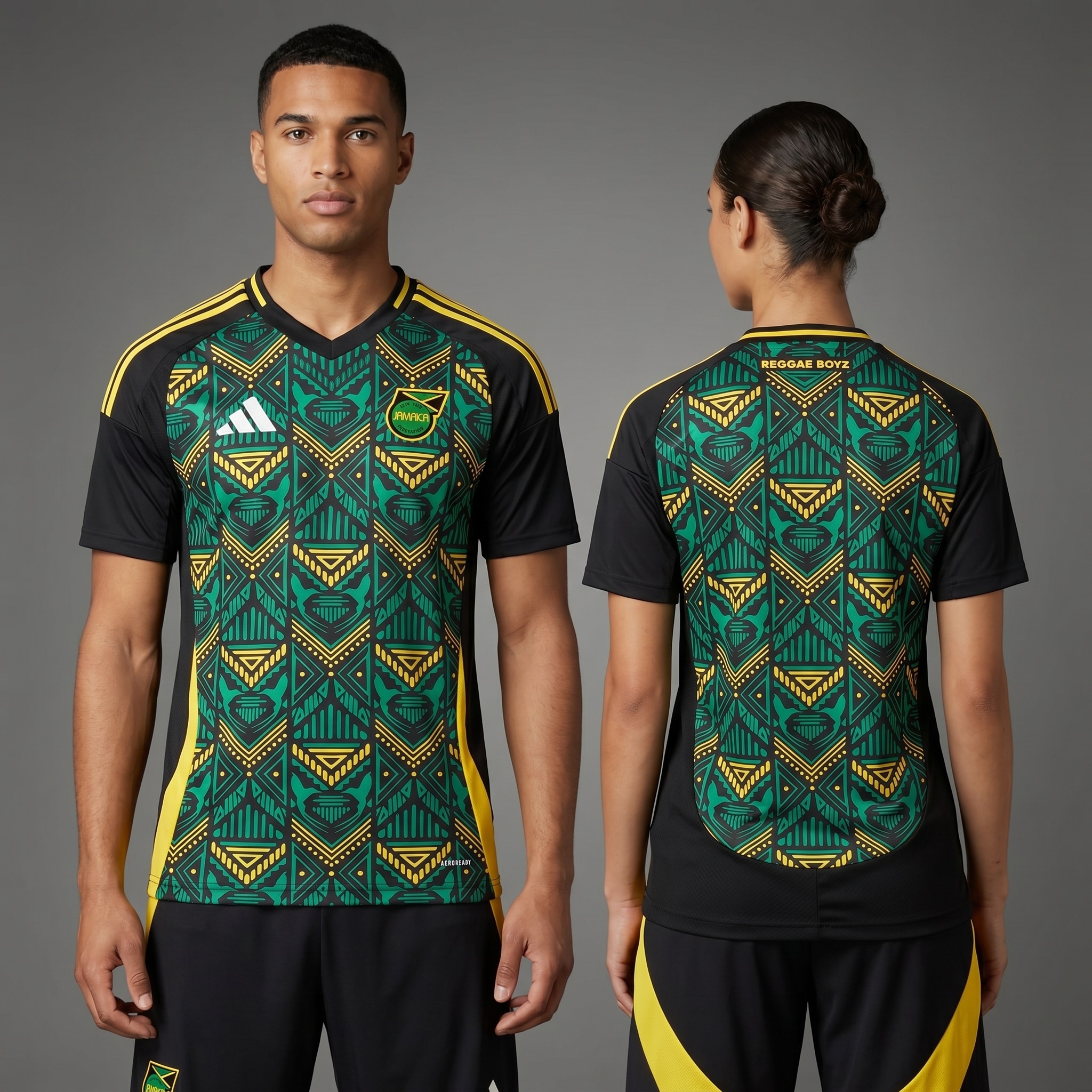 Model wearing Adidas Black Jamaica Away Shirt 24/25, a Touchline Drip fantasy football-inspired jersey