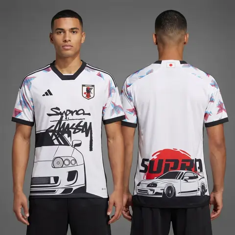 Model wearing Adidas x Stussy Japan Supra Drift Concept Jersey, a Touchline Drip football x streetwear jersey