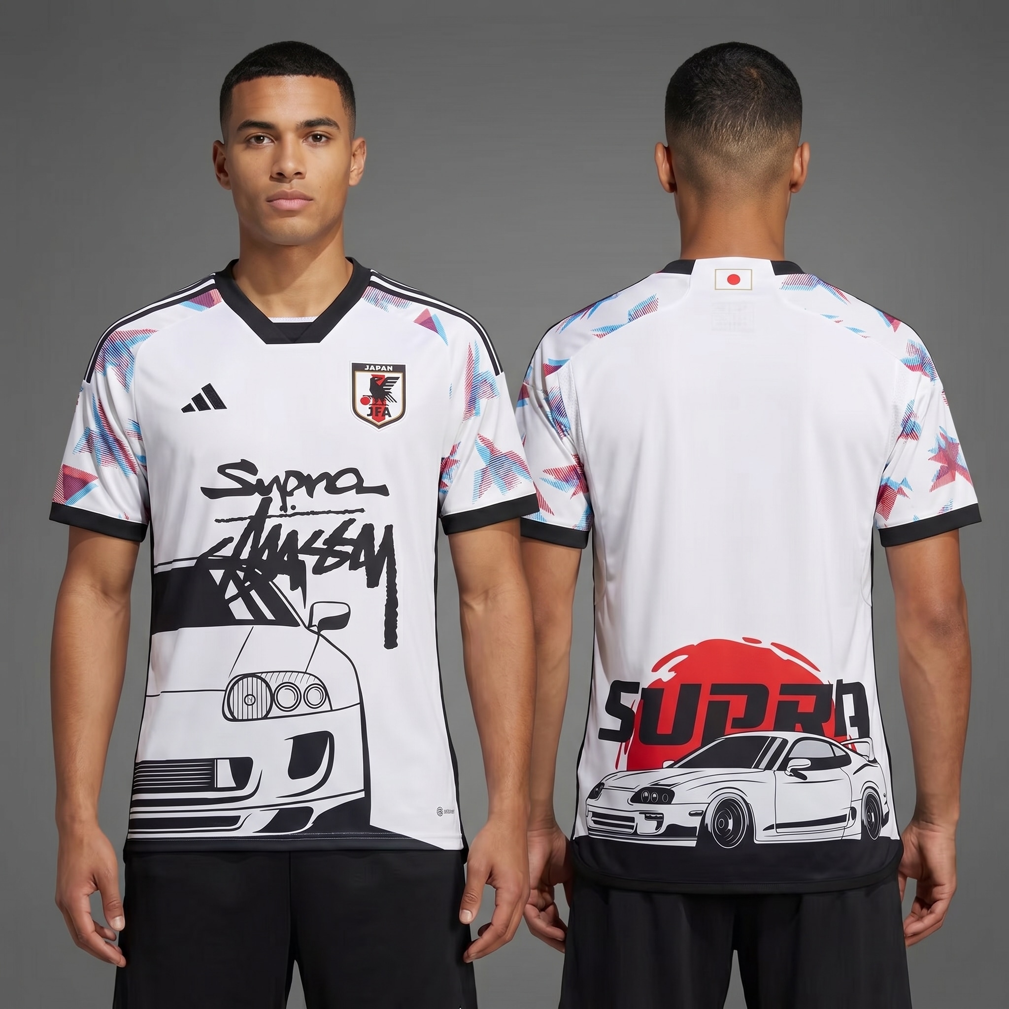 Model wearing Adidas x Stussy Japan Supra Drift Concept Jersey, a Touchline Drip fantasy football-inspired jersey