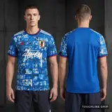 Model wearing Adidas x Stussy Japan Anime Fusion Blue Concept Jersey, a Touchline Drip football x streetwear jersey