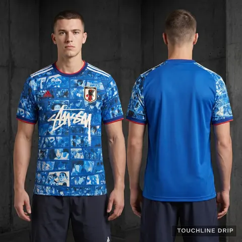 Model wearing Adidas x Stussy Japan Anime Fusion Blue Concept Jersey, a Touchline Drip football x streetwear jersey