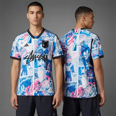 Model wearing Adidas x Stussy Japan Dragon Ball Blast White/blue Concept Jersey, a Touchline Drip football x streetwear jersey