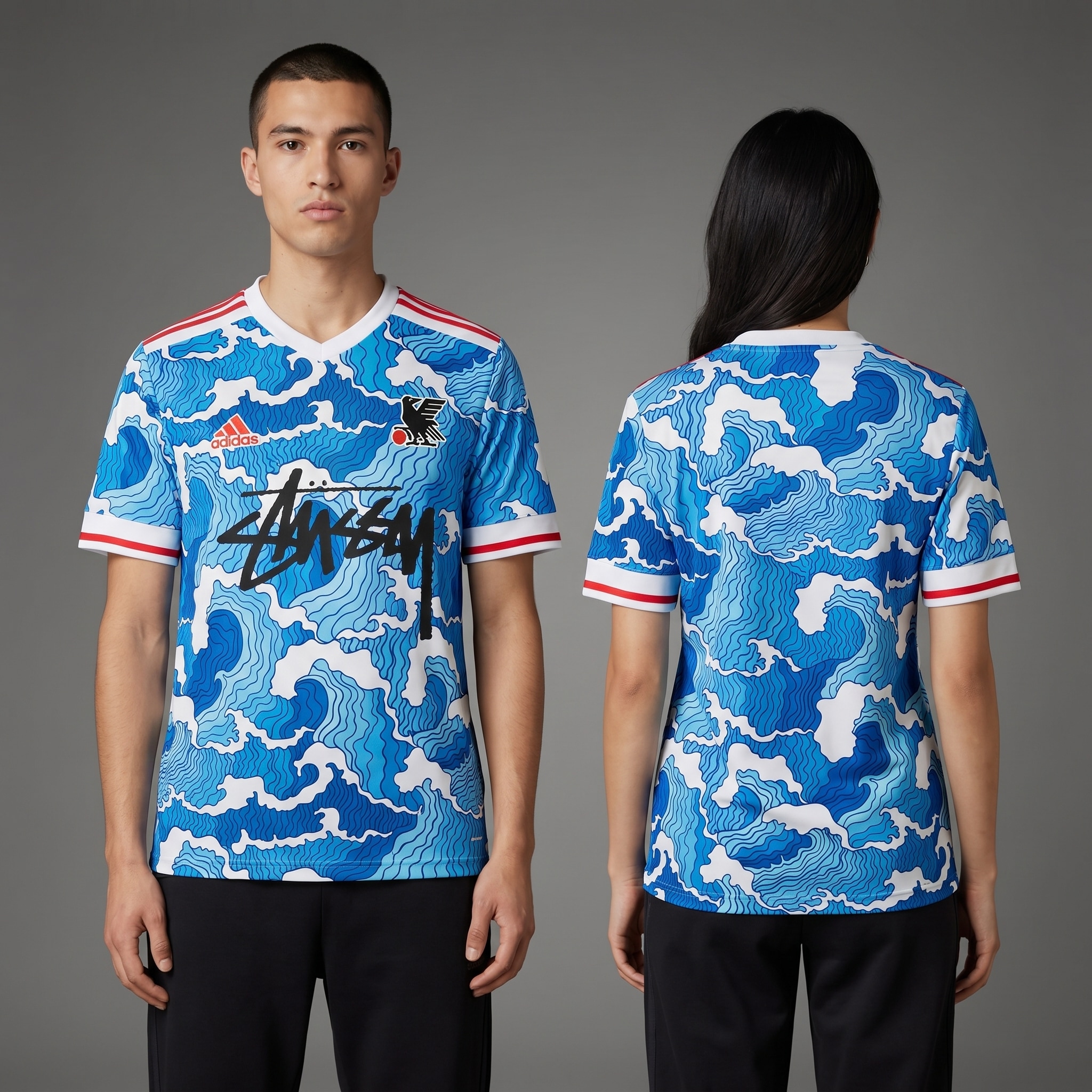 Model wearing Adidas x Stussy Japan Ocean Flow Concept Jersey - Blue Surge Edition, a Touchline Drip fantasy football-inspired jersey