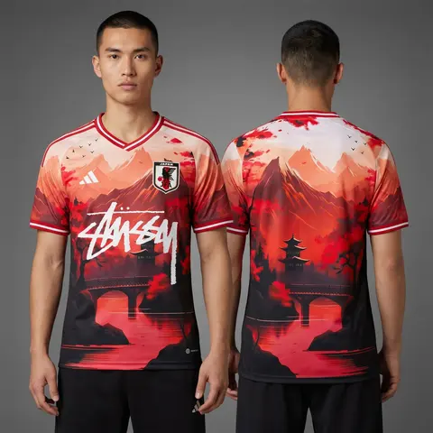 Model wearing Adidas x Stussy Japan Temple Serenity Concept Jersey - Crimson Dawn Edition, a Touchline Drip football x streetwear jersey