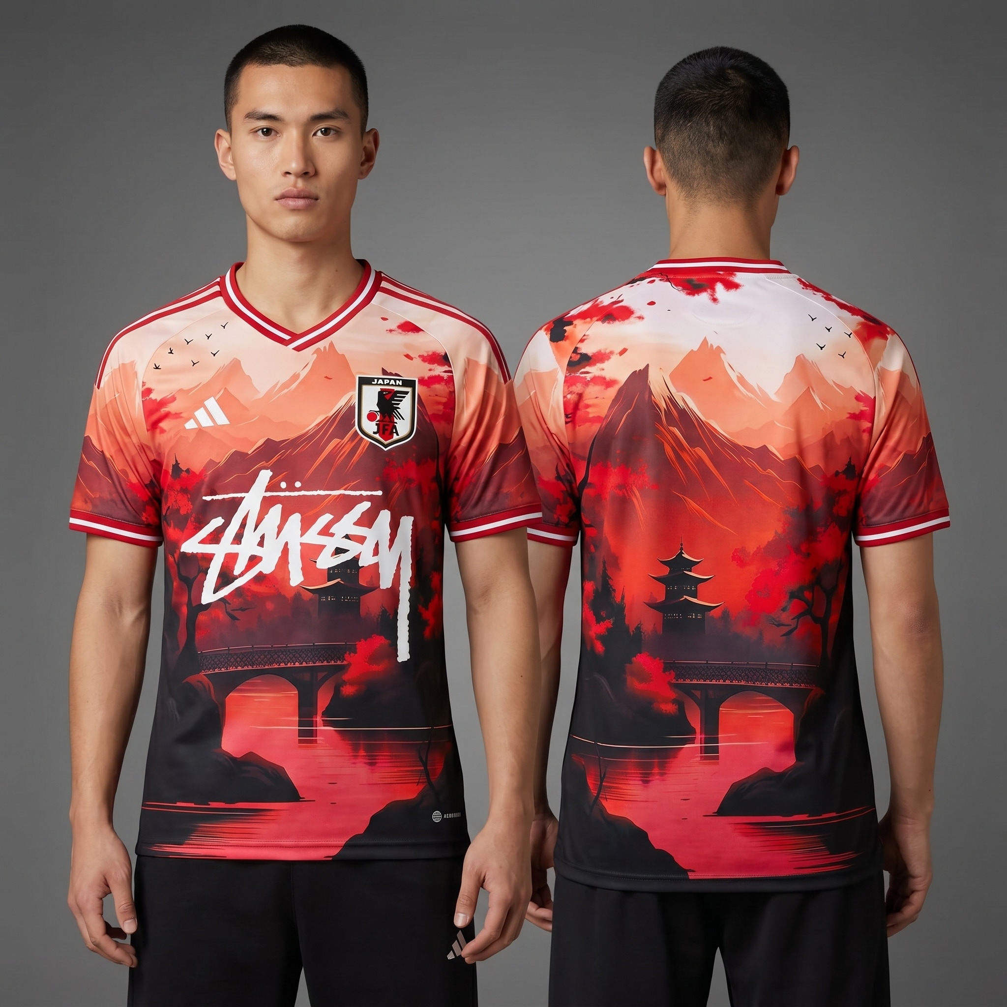 Model wearing Adidas x Stussy Japan Temple Serenity Concept Jersey - Crimson Dawn Edition, a Touchline Drip fantasy football-inspired jersey