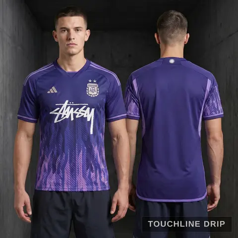 Model wearing Argentina x Stussy 2022 Away Jersey, a Touchline Drip football x streetwear jersey