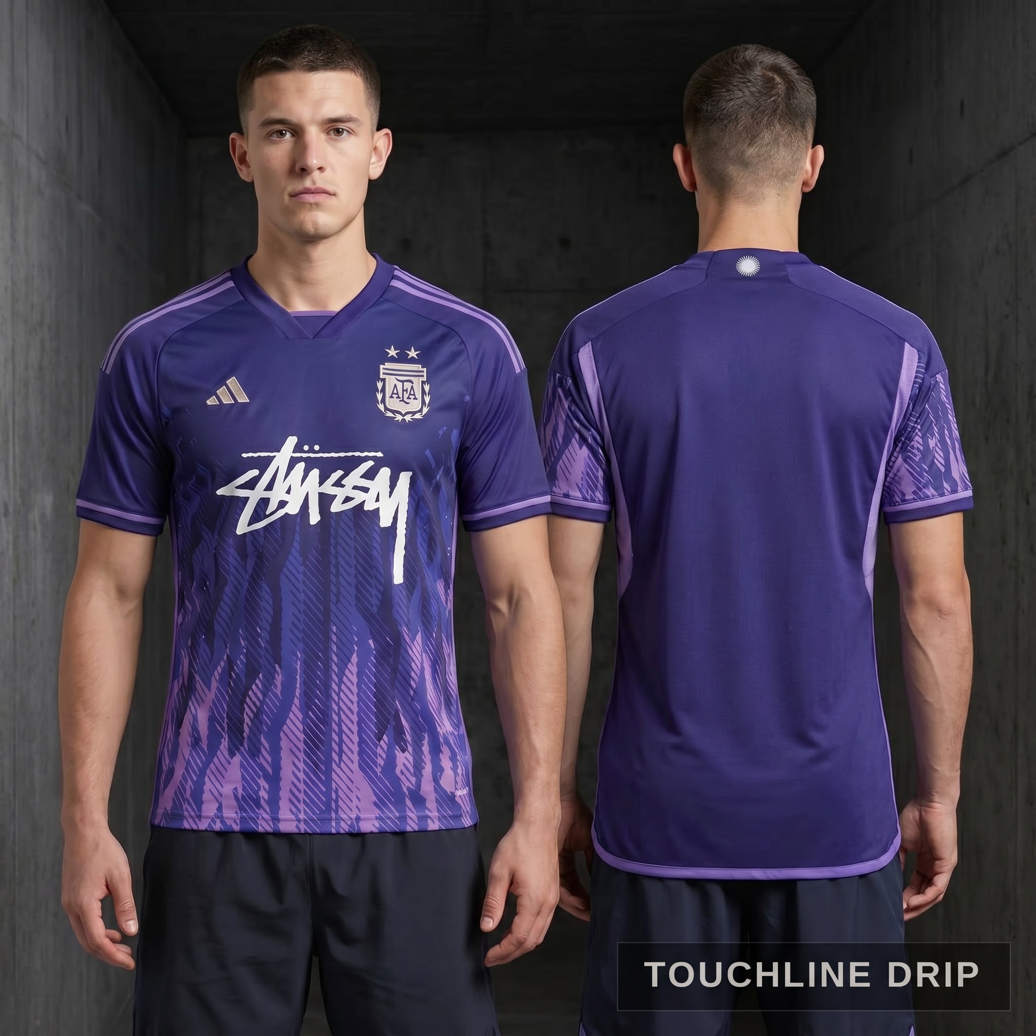Model wearing Argentina x Stussy 2022 Away Jersey, a Touchline Drip fantasy football-inspired jersey