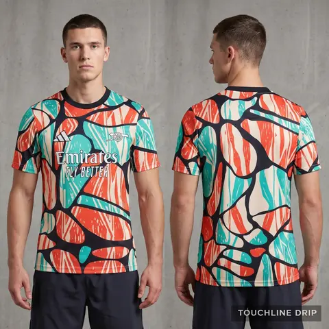 Model wearing Arsenal 24/25 Pre Match Shirt, a Touchline Drip football x streetwear jersey