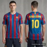 Model wearing Barcelona 05/06 UCL Final Ronaldinho #10 Home Jersey, a Touchline Drip football x streetwear jersey