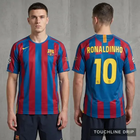 Model wearing Barcelona 05/06 UCL Final Ronaldinho #10 Home Jersey, a Touchline Drip football x streetwear jersey