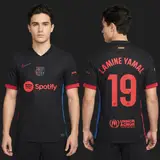Model wearing Barcelona 24/25 Lamine Yamal Away Shirt, a Touchline Drip football x streetwear jersey