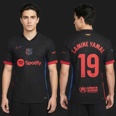 Model wearing Barcelona 24/25 Lamine Yamal Away Shirt, a Touchline Drip football x streetwear jersey