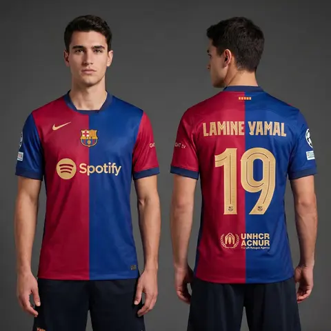 Model wearing Barcelona 24/25 Lamine Yamal Home Shirt, a Touchline Drip football x streetwear jersey