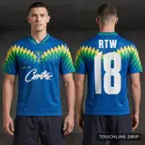 Model wearing Corteiz Club America Jersey Brasil Blue, a Touchline Drip football x streetwear jersey