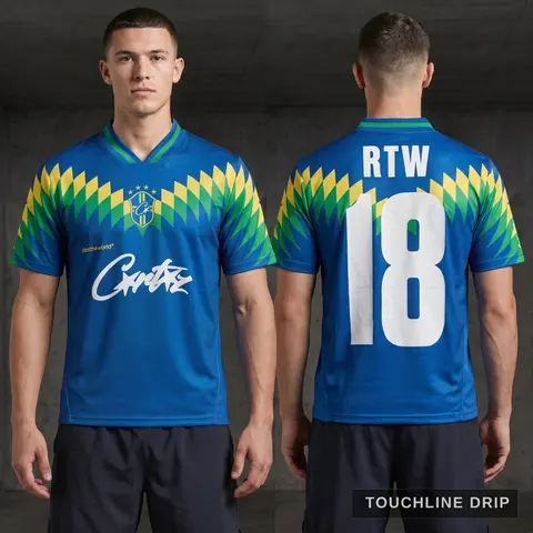 Model wearing Corteiz Club America Jersey Brasil Blue, a Touchline Drip football x streetwear jersey