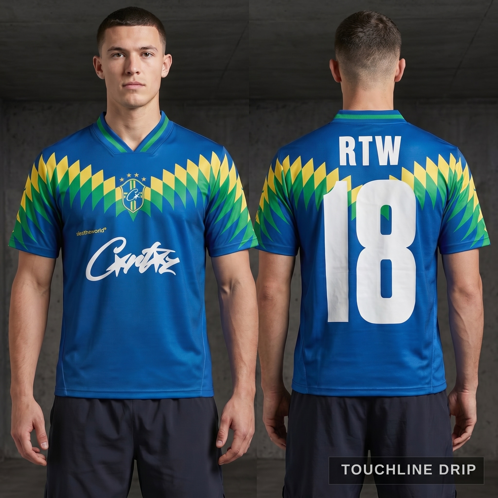 Model wearing Corteiz Club America Jersey Brasil Blue, a Touchline Drip fantasy football-inspired jersey