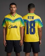 Model wearing Corteiz Club America Jersey Brasil Yellow, a Touchline Drip football x streetwear jersey