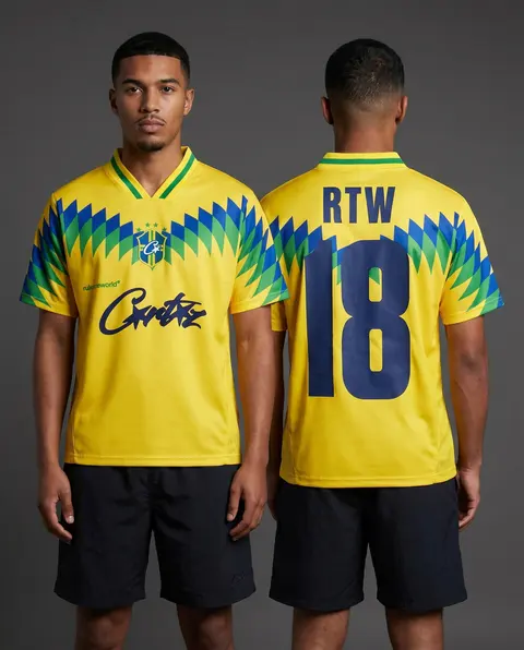 Model wearing Corteiz Club America Jersey Brasil Yellow, a Touchline Drip football x streetwear jersey