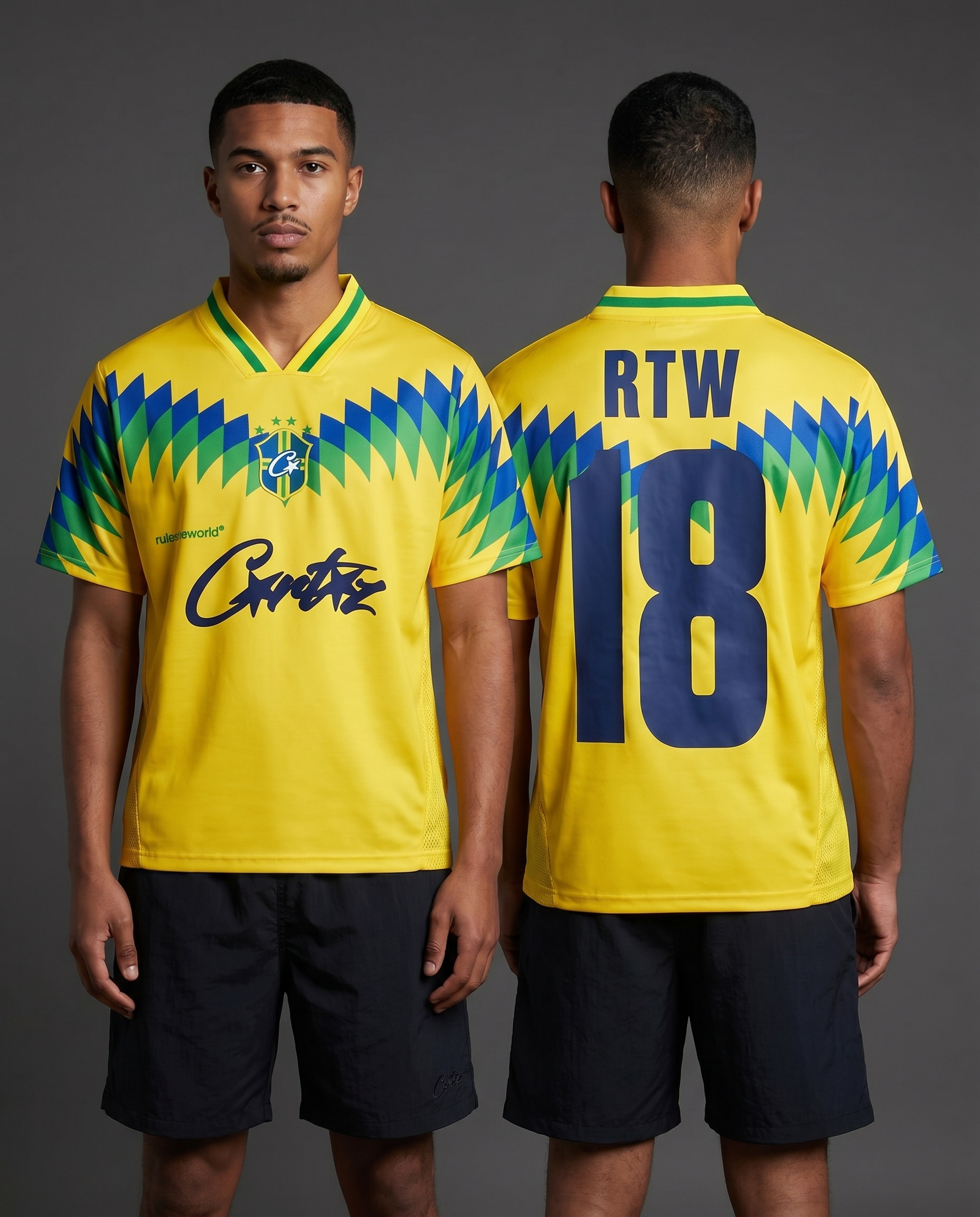 Model wearing Corteiz Club America Jersey Brasil Yellow, a Touchline Drip fantasy football-inspired jersey