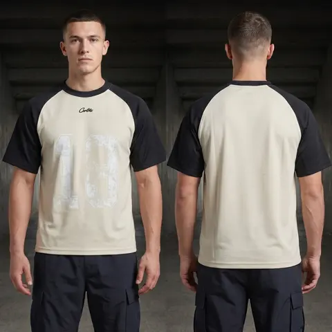 Model wearing Corteiz HMP Vintage Jersey Cream/black, a Touchline Drip football x streetwear jersey