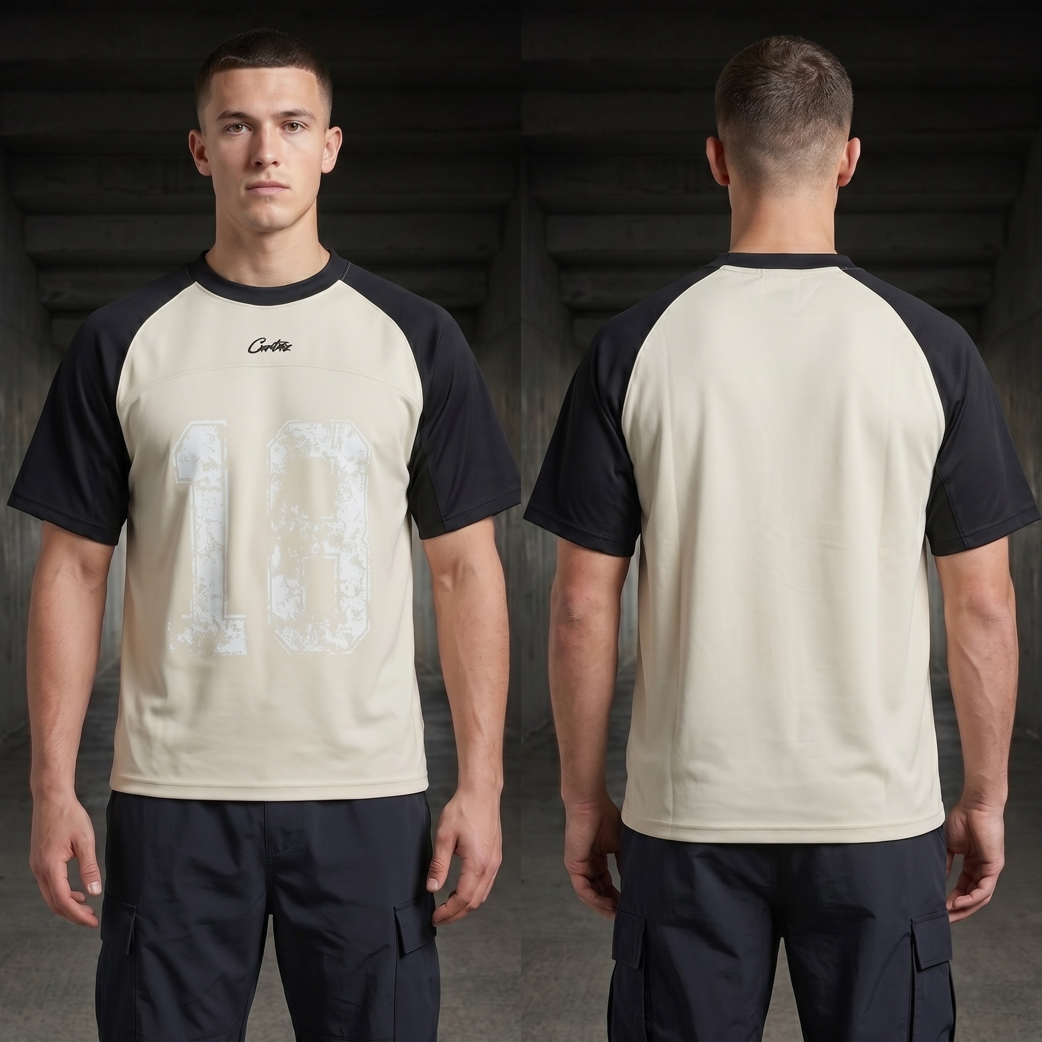 Model wearing Corteiz HMP Vintage Jersey Cream/black, a Touchline Drip fantasy football-inspired jersey