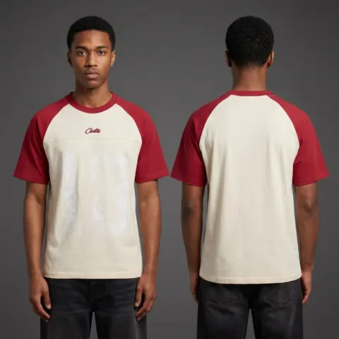 Model wearing Corteiz HMP Vintage Jersey Cream/red, a Touchline Drip football x streetwear jersey