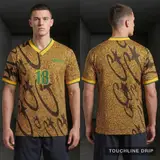 Model wearing Corteiz Carni Stellations Football Jersey, a Touchline Drip football x streetwear jersey