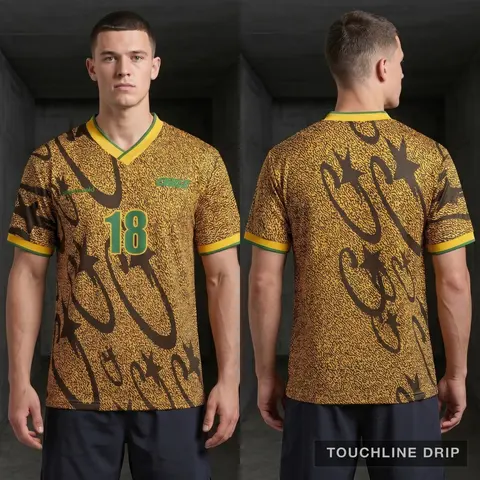 Model wearing Corteiz Carni Stellations Football Jersey, a Touchline Drip football x streetwear jersey