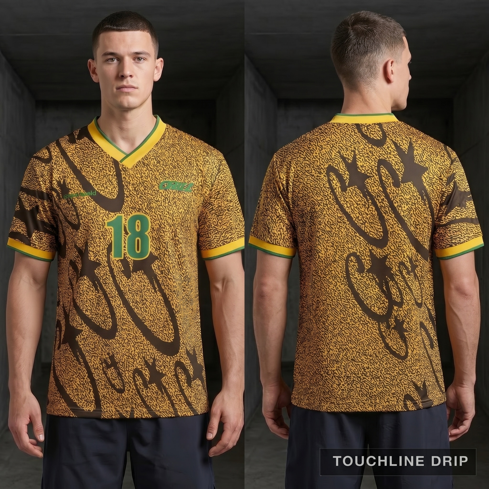 Model wearing Corteiz Carni Stellations Football Jersey, a Touchline Drip fantasy football-inspired jersey