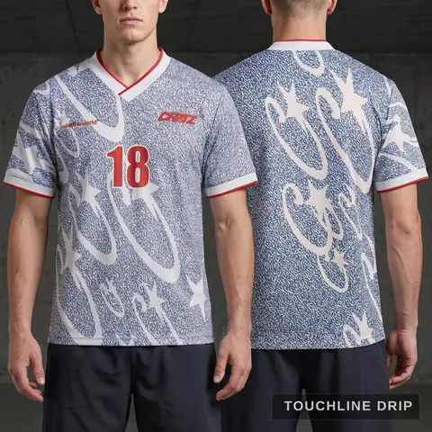 Model wearing Corteiz Grey Stellations Football Jersey, a Touchline Drip football x streetwear jersey