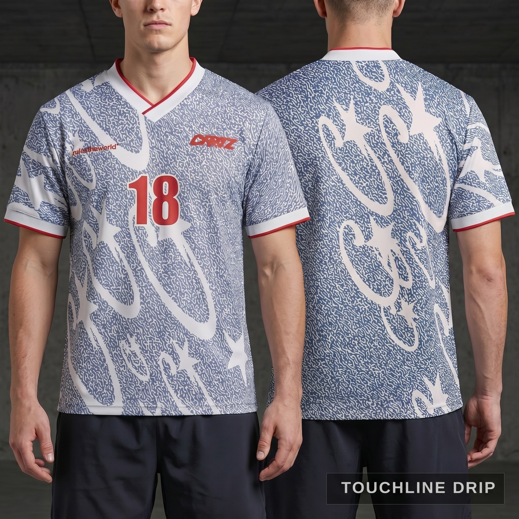 Model wearing Corteiz Grey Stellations Football Jersey, a Touchline Drip fantasy football-inspired jersey