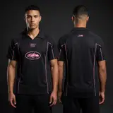 Model wearing Corteiz Black and Pink Talismo Jersey, a Touchline Drip football x streetwear jersey