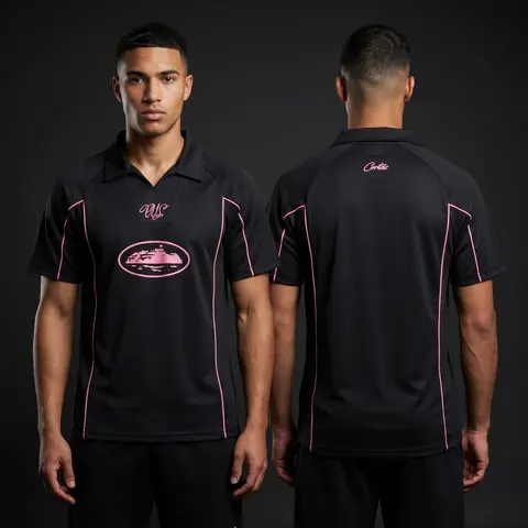 Model wearing Corteiz Black and Pink Talismo Jersey, a Touchline Drip football x streetwear jersey