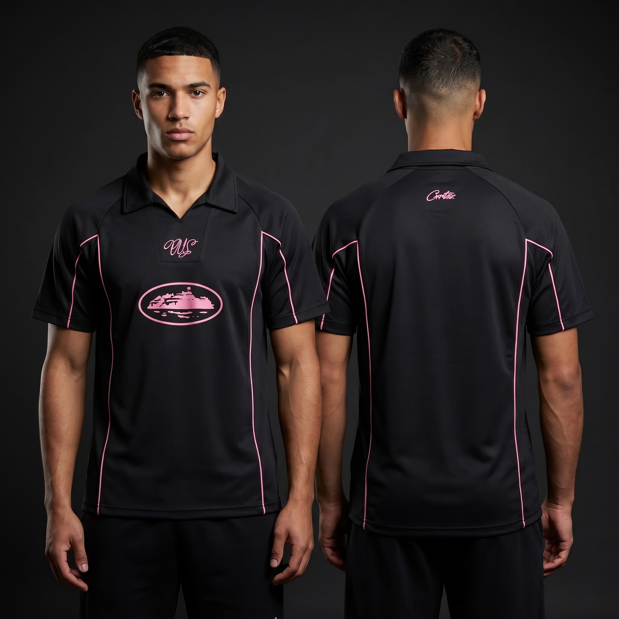 Model wearing Corteiz Black and Pink Talismo Jersey, a Touchline Drip fantasy football-inspired jersey