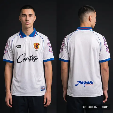 Model wearing Corteiz x Asics Japan 1998 Away Jersey, a Touchline Drip football x streetwear jersey