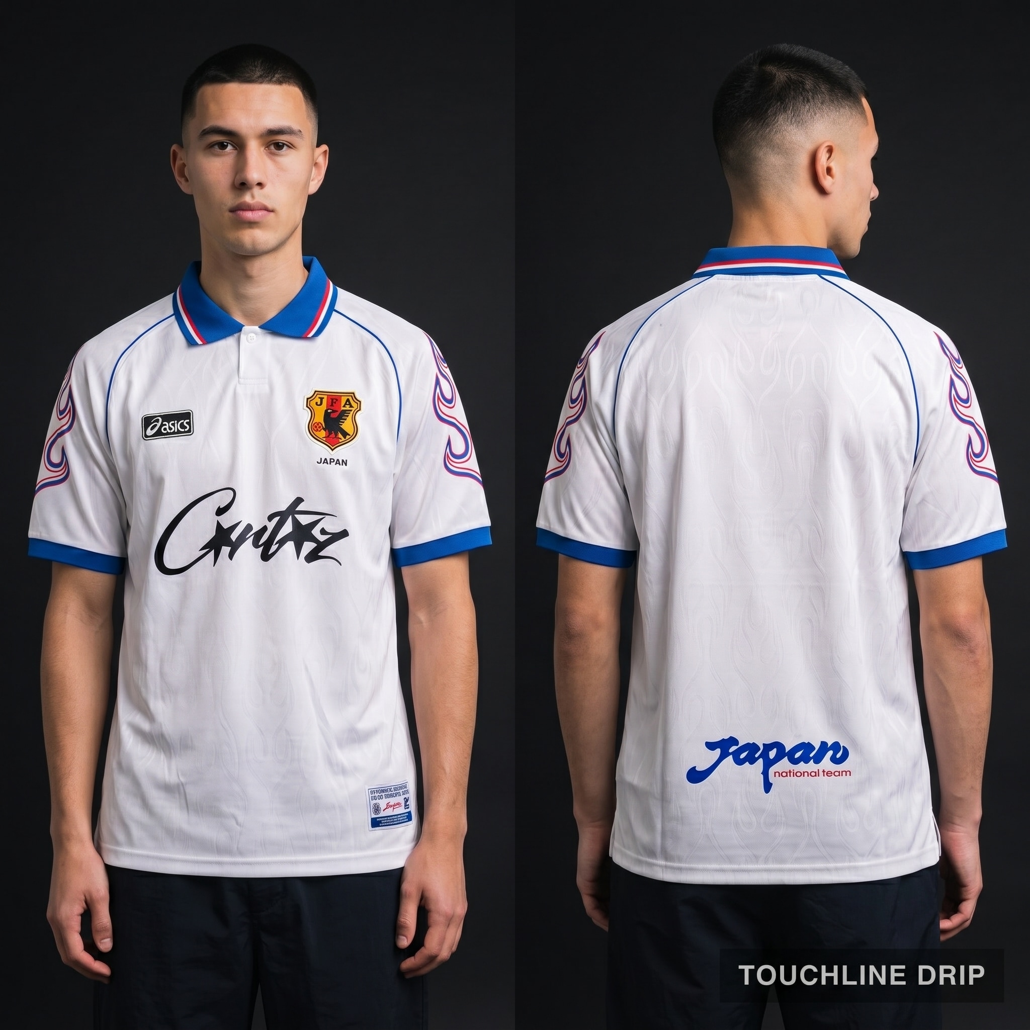 Model wearing Corteiz x Asics Japan 1998 Away Jersey, a Touchline Drip fantasy football-inspired jersey